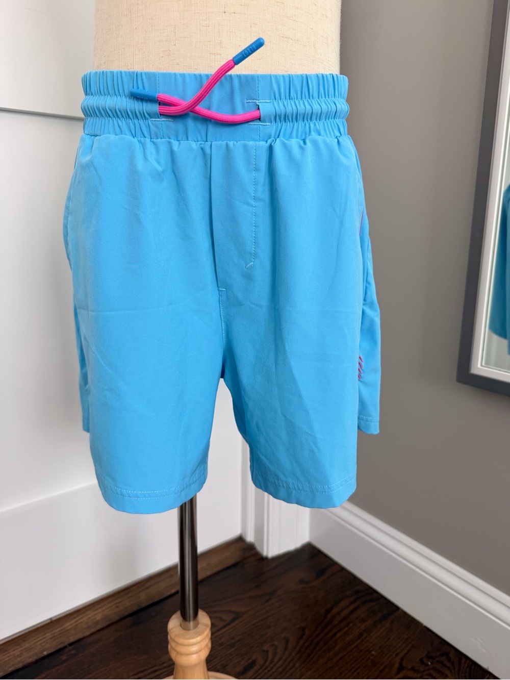 Kids Baseball Lifestyle Light Blue Athletic Shorts with Pink Drawstring